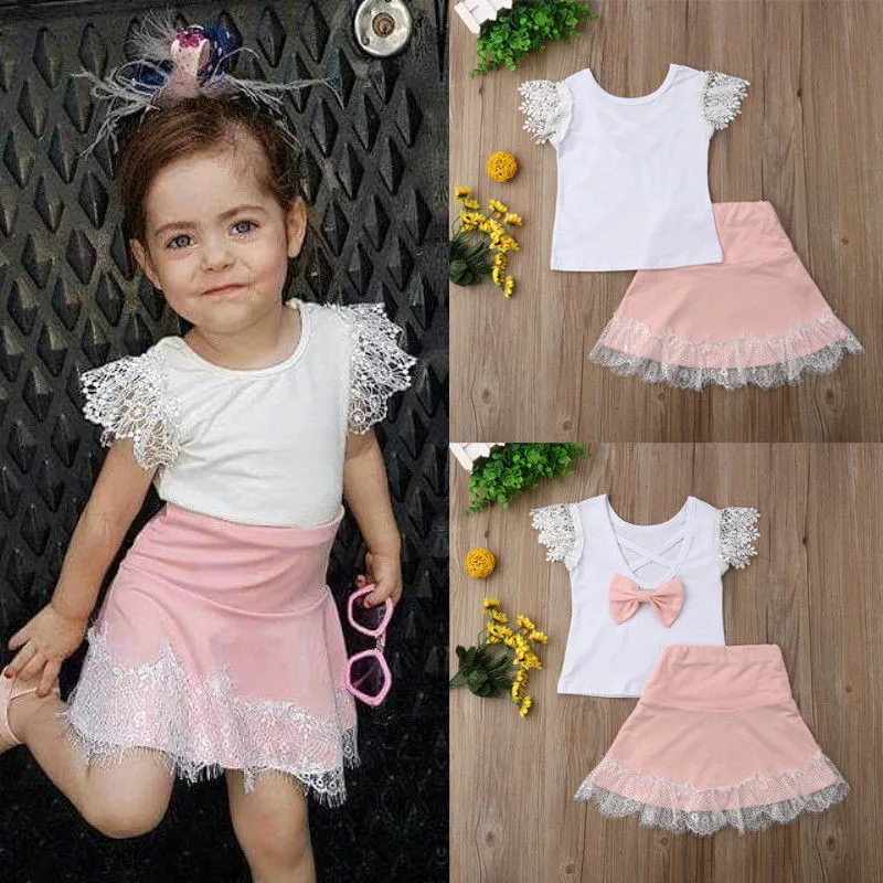 

Toddler Baby Girls Kids Princess Summer Sets Lace Flying Sleeve Back Bow Tops High Waist Tulle Patchwork Mini Skirt 2Pcs 0-5Y