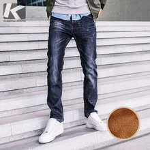 Зимние мужские джинсовые штаны из плотного флиса в стиле пэчворк синего цвета с карманами для мужчин, узкие прямые джинсы, новые мужские длинные Брендовые брюки 2356