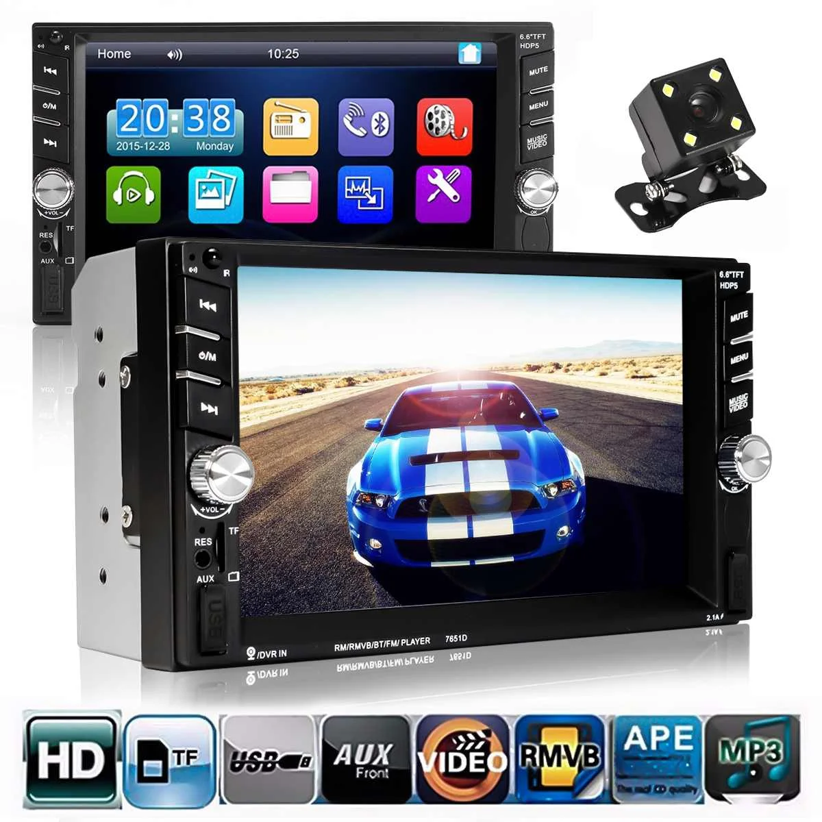

2 Din 6.6" Bluetooth Car Radio HD Digital Display Multimedia Stereo MP5 Player AUX/USB/FM/TF Card + Reversing Backup Camera