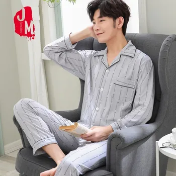 

Spring Men Pyjama Set Cotton Autumn Pajama Man Long Sleeve Turn-down Collar Pajama Male Cardigan Solid Pijama Men L XL XXL XXXL