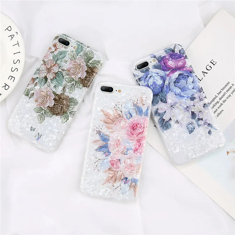 

OTTWN Flower Phone Case For iPhone X XS 7 8 Plus Glitter Dream Shell Pattern Soft TPU Cases Cover For iPhone XR XS MAX 6 6S Plus
