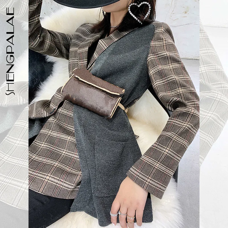 

SHENGPALAE 2019 New Winter Jackets Patchwork Plaid Long Sleeve Turn-down Collar Korean Fashion Women Vintage Tide Coat FI823