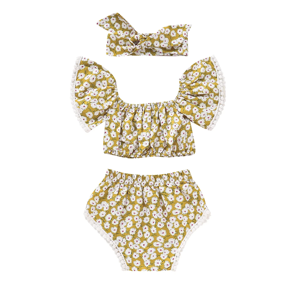 

3pcs/set Flower Newborn Infant Baby Girls Clothing Summer Off Shoulder Floral Tops+Tassel Shorts Headband Baby Girls Clothes