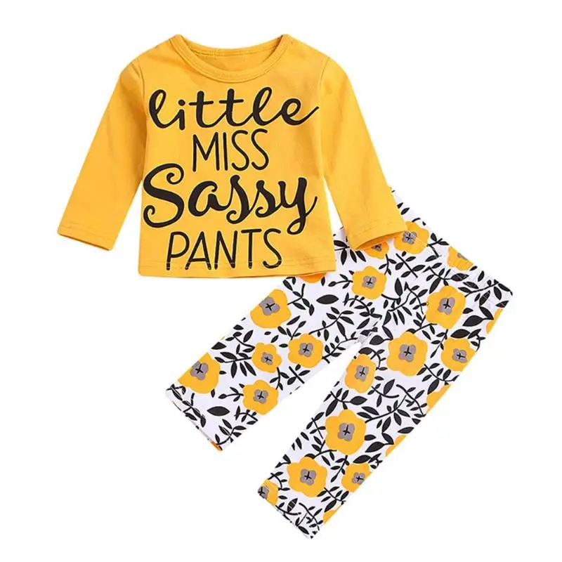 

2pcs Letters Floral Print Long Sleeve T-Shirt Pants Set Autumn Cotton Clothing Outfit Kids Baby Girls Clothing Set