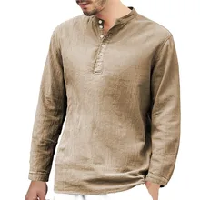 Повседневная мужская футболка с длинным рукавом, футболки Хенли, льняная военная одежда, хлопковые футболки со стоячим воротником, Harajuku