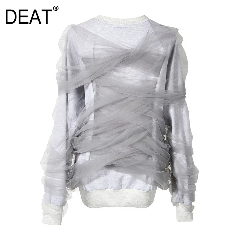 

[DEAT] 2019 New Spring Round Neck Long Sleeve Gray Mesh Around Split Joint Loose Sweatshirt Women Fashion Tide JG89