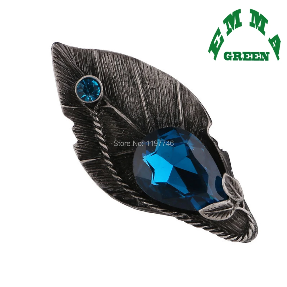 Romantic Retro Metal Leaf Shape Blue Crystal Brooch Pin Vintage Natural Jewelry Corsage Accessories For Women Fit Wedding Party | Украшения