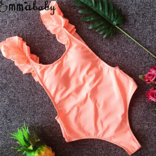 

New trendy solid Lotus leaf edge v-neck Women One Piece Push Up Padded Bikini Sexy Beach Swimwear Swimsuit Bathing Suit