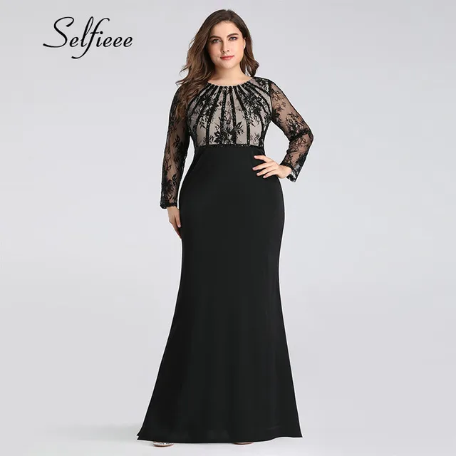 Best Offers Black Dress Plus Size New Spring Mermaid O Neck Long Sleeve Dress Woman Party Night Evening Sexy Appliques Lace Dress Robe Femme