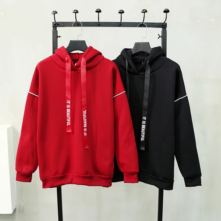 

2018 Fashion Korean Style Loose BF Sweatshirts Women Thick Fleece Hoody Female Harajuku Street Black Red Hooded Hoodies M-XXL