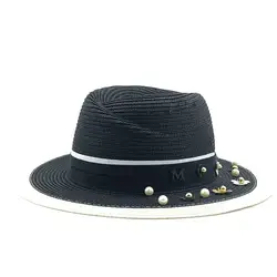 Летняя британская жемчужная Бисероплетение плоская шляпа с полями соломенная шляпа затенение от Солнца шляпа женская пляжная шляпа
