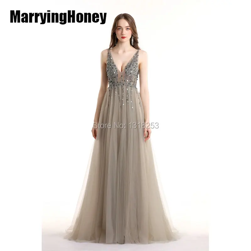 

Plunging V Evening Dresses Long Formal Prom Dress 2019 Elegant Women Beaded Crystal Gown robe soiree vestidos de festa longo