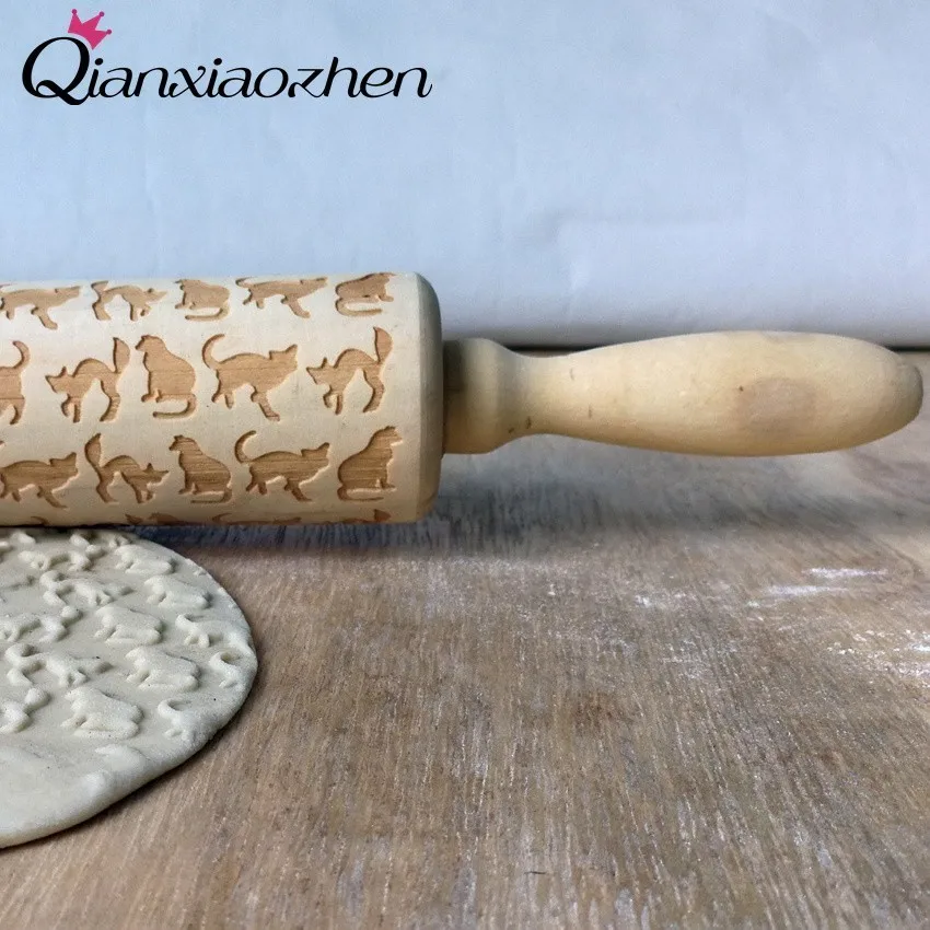 Qianxiaozhen Cat Pattern Wooden Rolling Pin Baking Cookies Wedding Gifts For Guests Decoration Kitchen | Дом и сад