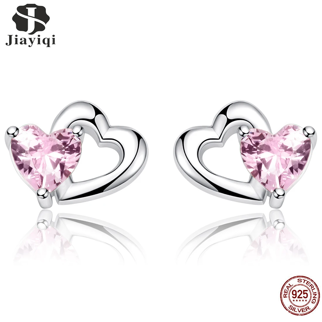 

Jiayiqi Hot Sale Pink Heart 925 Sterling Silver Stud Earrings Charm Female Romantic Zircon Earrings Forever Love For Woman Gift