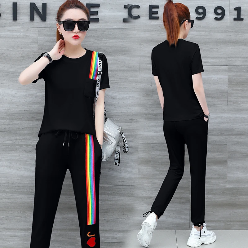 

tracksuit for women 2019 female summer loose Rainbow stripe print tops+Rainbow stripe pants suits women's leisure two-piece sets