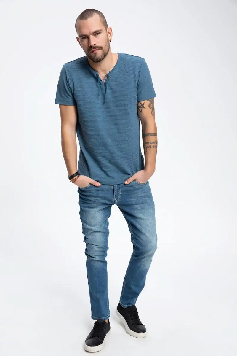 Дефакто мужская полосатая шнуровка detaymi воротник Slim Fit с коротким рукавом