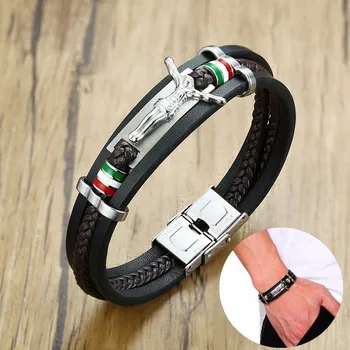 

Brown & Black Roy Leather Bracelet for Men Tri Layer Stainless Steel Jesus Charm Brackelts Brazalet Brazalete