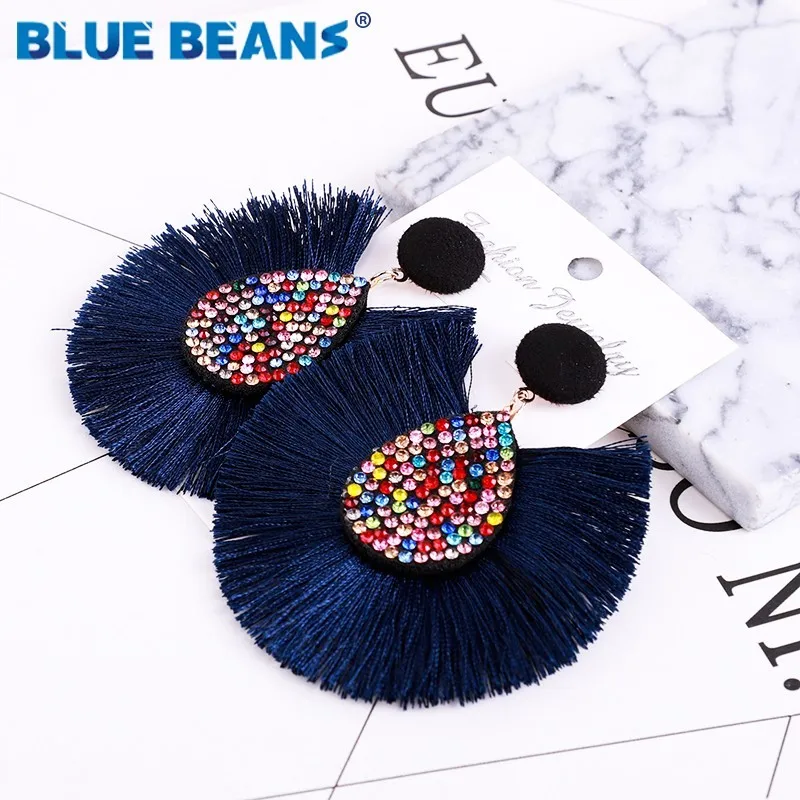 

Earrings Tassel Bohemian Crystal blue Statement LuxuryLong Earring Handmade Women Geometric Fringe Fashion Big Wedding Face 2019