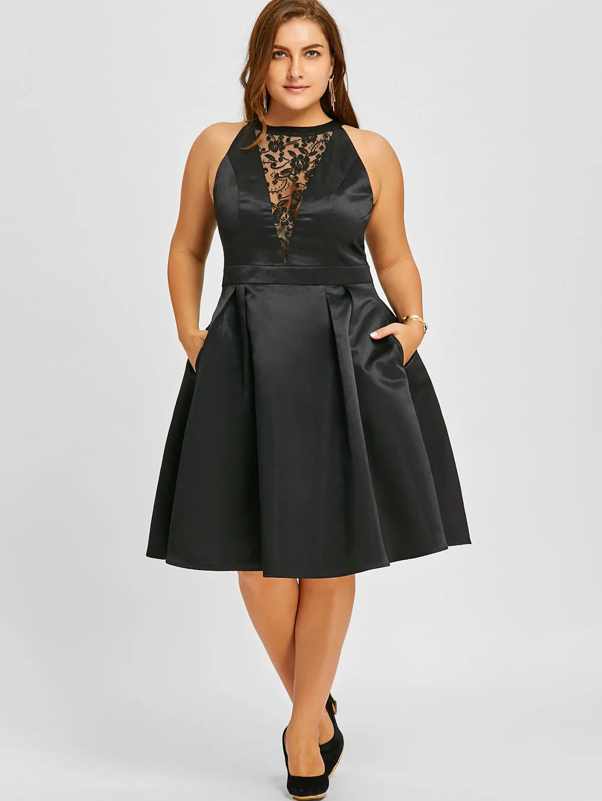 

ROSEGAL Plus Size Dress Women Black Sexy Party Dress Robes Lace Insert Sleeveless Swing Dresses Vestidos Mujer Big Size XL-5XL