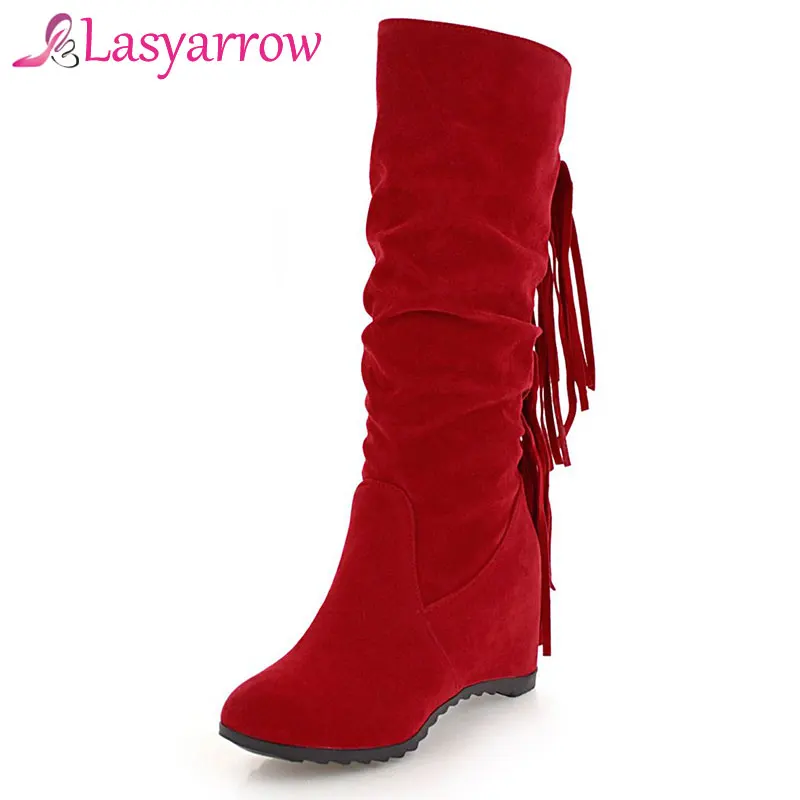 

Lasyarrow Winter Warm Snow Boots Women Round Toe Hidden Wedge Mid Calf Boots Female Casual Height Increasing Knight Boots F844