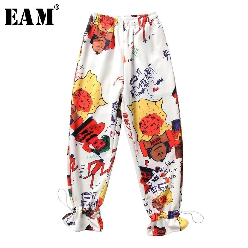 

[EAM] 2019 New Autumn Winter High Elastic Waist Loose Pattern Printed Personality Wide Leg Pants Women Trousers Fashion JT282