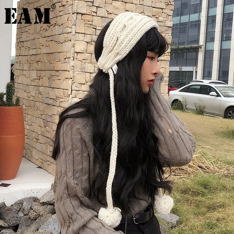[EAM] 2019 весна зима женщина прекрасный StylishSolid четыре цвета волосы мяч Регулируемая Талия утепленная одежда вязаные наушники LI046
