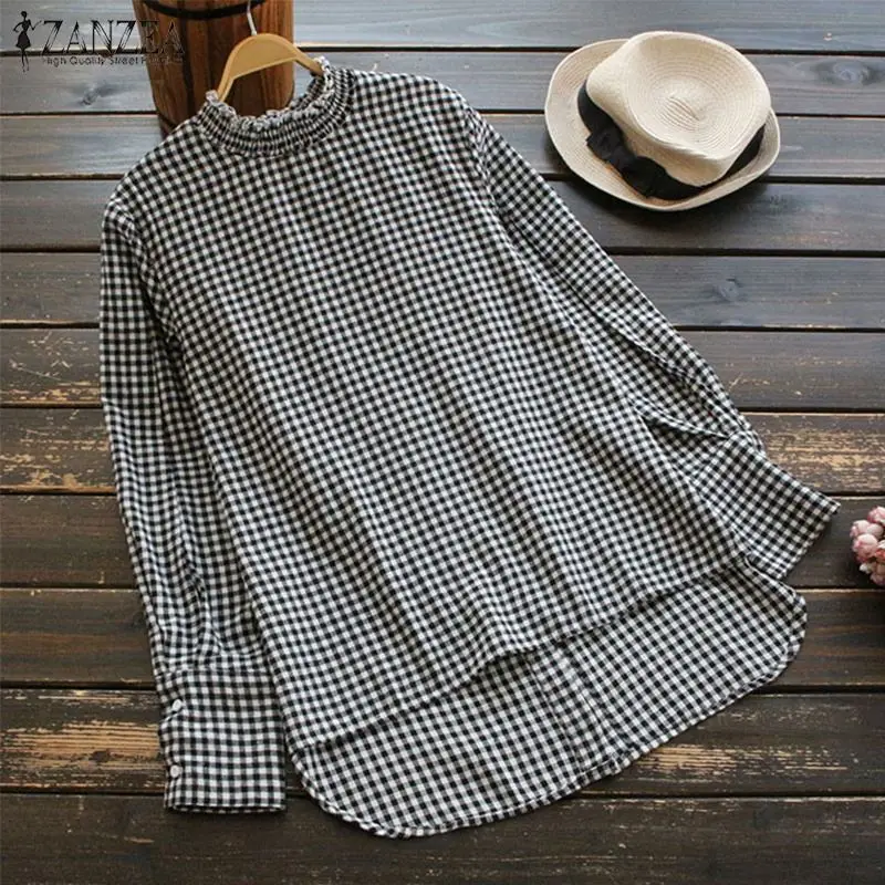 

ZANZEA Women Plaid Bloue Plus Size Casual Shirt Long Sleeve Tops Female Turtleneck Checked Shirts Womens Back Buttons Blusas 5XL