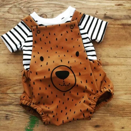 

Cute Bear Newborn Cotton Romper Toddler Boy Girl Sunsuit Stripe T-shirt Bib Pants Overalls Infant Playsuit Outfits