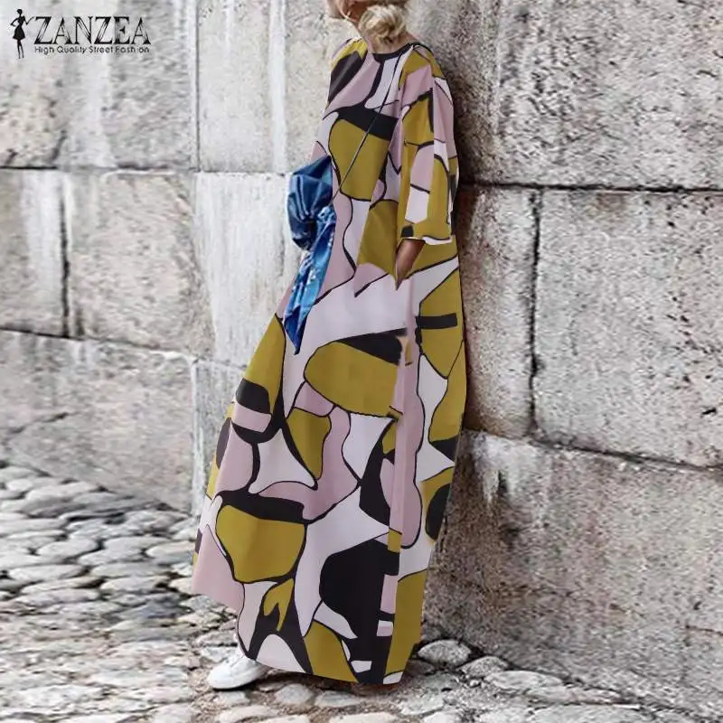 

2019 Summer Long Maxi Dress Women Long Sleeve Print Vestidos ZANZEA Elegant Ladies Beach Robe Femme Casual Sundress Plus Size