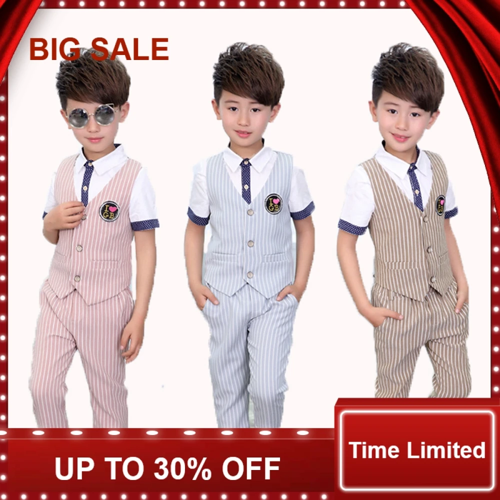 

Striped Baby Boy Prom Suits ( vest + Pant ) Summer Gentle Kids Costumes Wedding Flower Girls Dress
