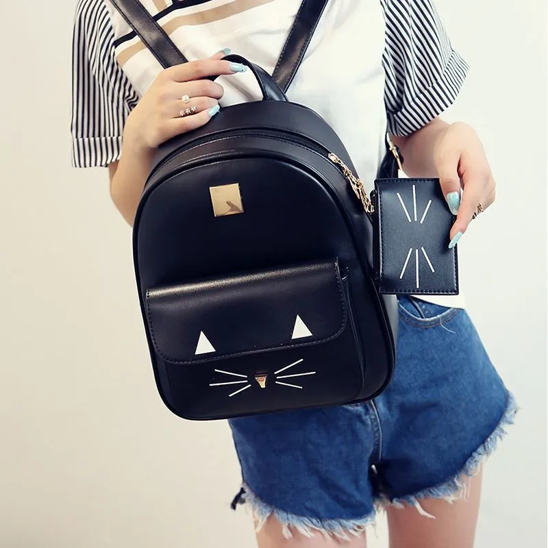 

Fashion Women's Cute Cat Backpack PU Leather Shoulder Bag School bag Casual Daypack