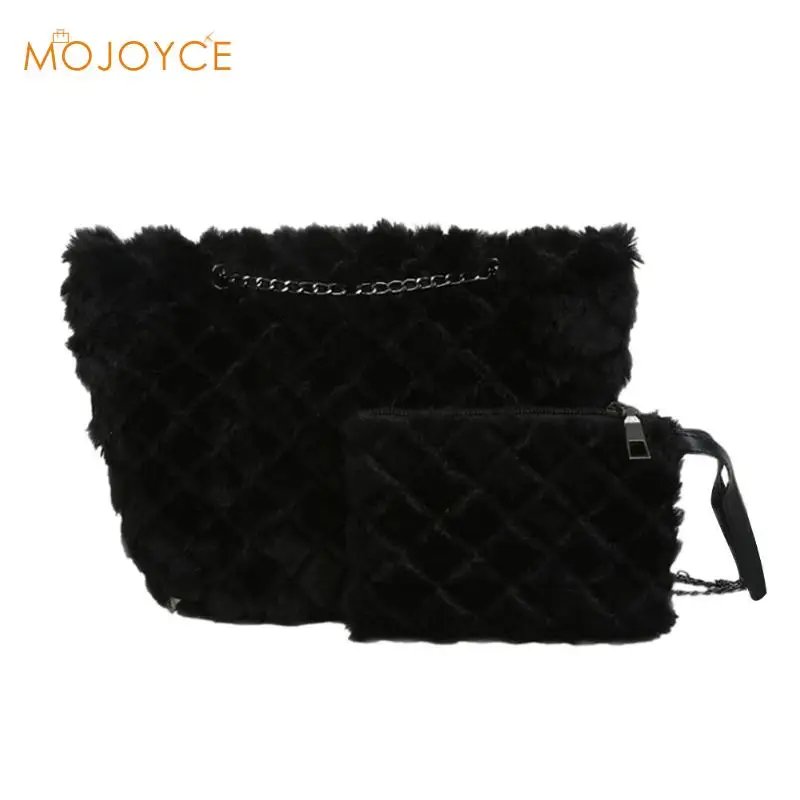 

2pcs/set Faux Fur Clutch Totes Women Handbags Flap Purse Winter Portable Fur Bag Fashion Female Shopping Bag Chain Shoulder Bag