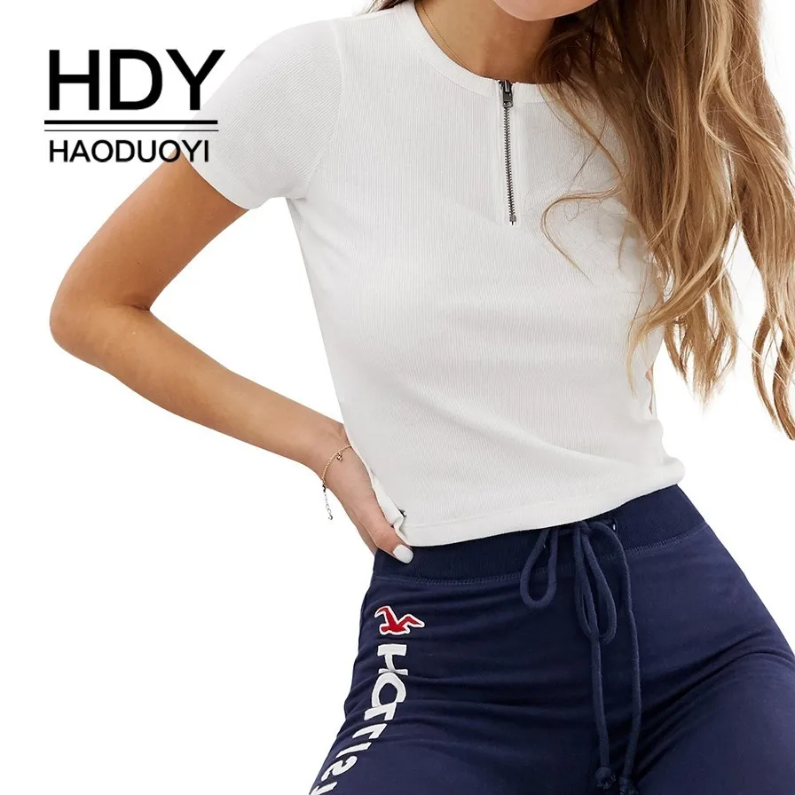 

HDY Haoduoyi White Sports Tees Metal Zipper Round Collar Short Sleeve Slim T-shirt Female Summer Office Lady Tops Freeshipping
