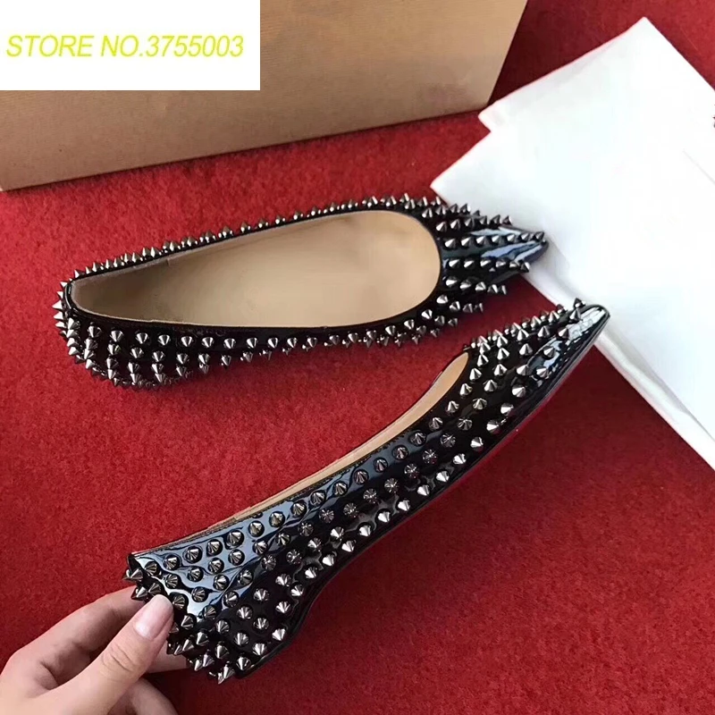 Black Patent Leather Women Slip On Casual Shoes Fashion Rivets Studed Flats Street Style Party Wedding Shoes Women