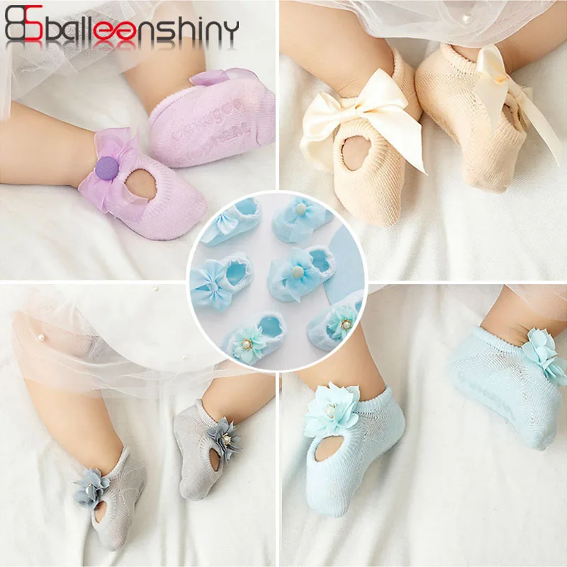 Balleenshiny/Детские носки хлопковые тонкие весенне-летние носки-тапочки для малышей нескользящие носки-лодочки с кружевными цветами и бантиком
