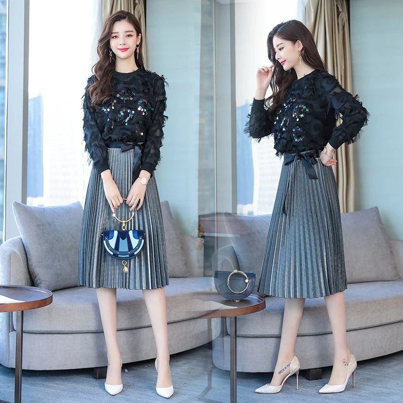 

2019 spring women's new black nail bead sequins tassel feather blouse tops+ pleated skirts suits female fashion 2 piece sets