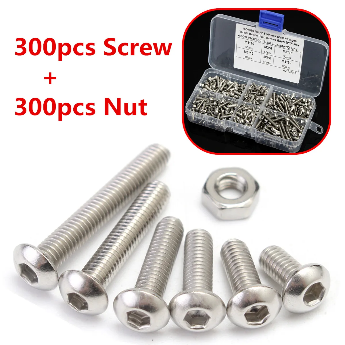 

300Pcs M3 Stainless Steel Button Head Hex Socket Cap Screws Nuts Assorted Kit