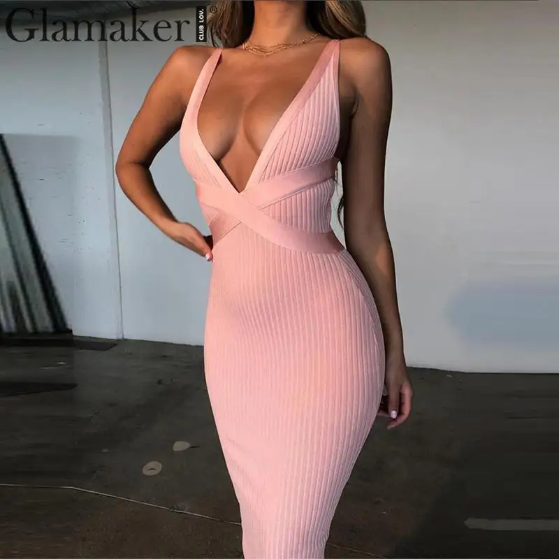 

Glamaker Knitted sexy bodycon v-neck sundress Women white long dress party summer dress Elegant female casual office pink dress