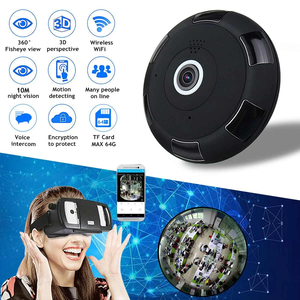

CMOS Pixel 1.3 million VR Panorama Camera Black Fisheye Panoramic VR IP Camera WIFI Wireless 360 Degree 3D 1-3Mp Network Cam
