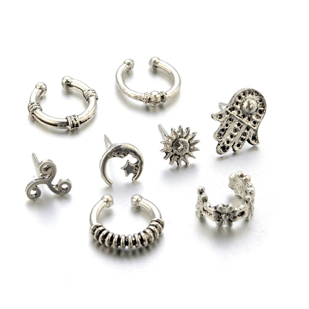

Women 8 Pcs Vintage Sun Moon Ear Clip Stud Earrings Eardrop Jewelry
