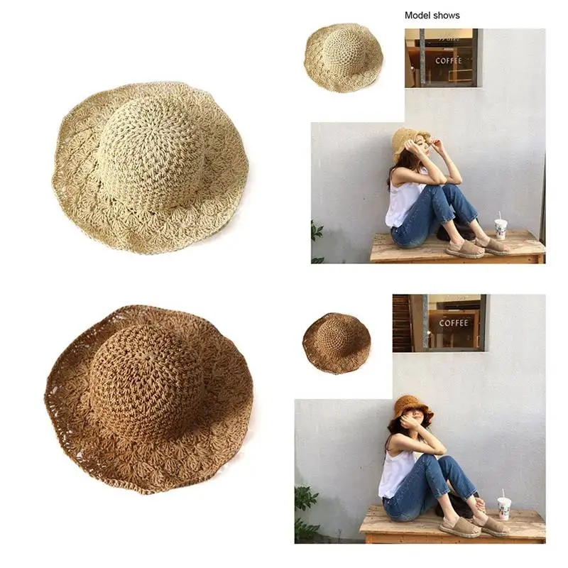 lady Panama hand hook pineapple visor beach hat folding straw outdoor sun | Аксессуары для одежды