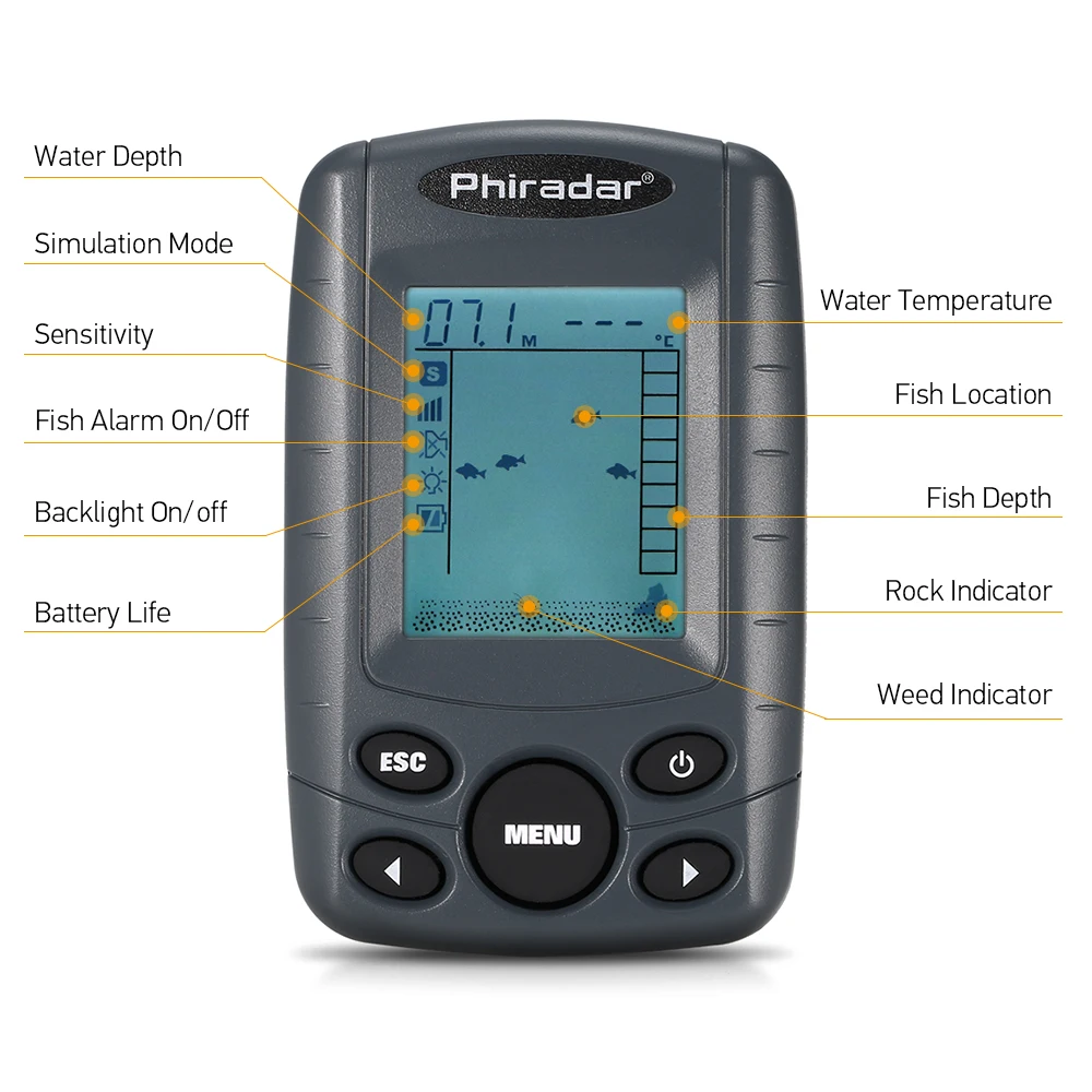 Phiradar портативный 2,4 дюймовый ЖК дисплей искатель рыбы 240FT измеритель глубины рыболокатор с проводным Sonar преобразователь датчика рыболовные снасти