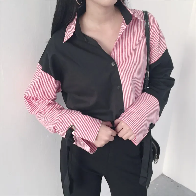 2019 Vintage Turn-Down Collar Patchwork Striped Blouse 2019 New Women Fashion Lace Up Loose Shirts Female Casual Blouses
