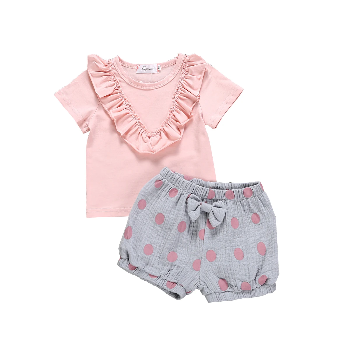 2019 Summer Toddler Kids Baby Girl Pink Short Sleeve Ruffles T shirt Tops Polka Dot Bow Shorts