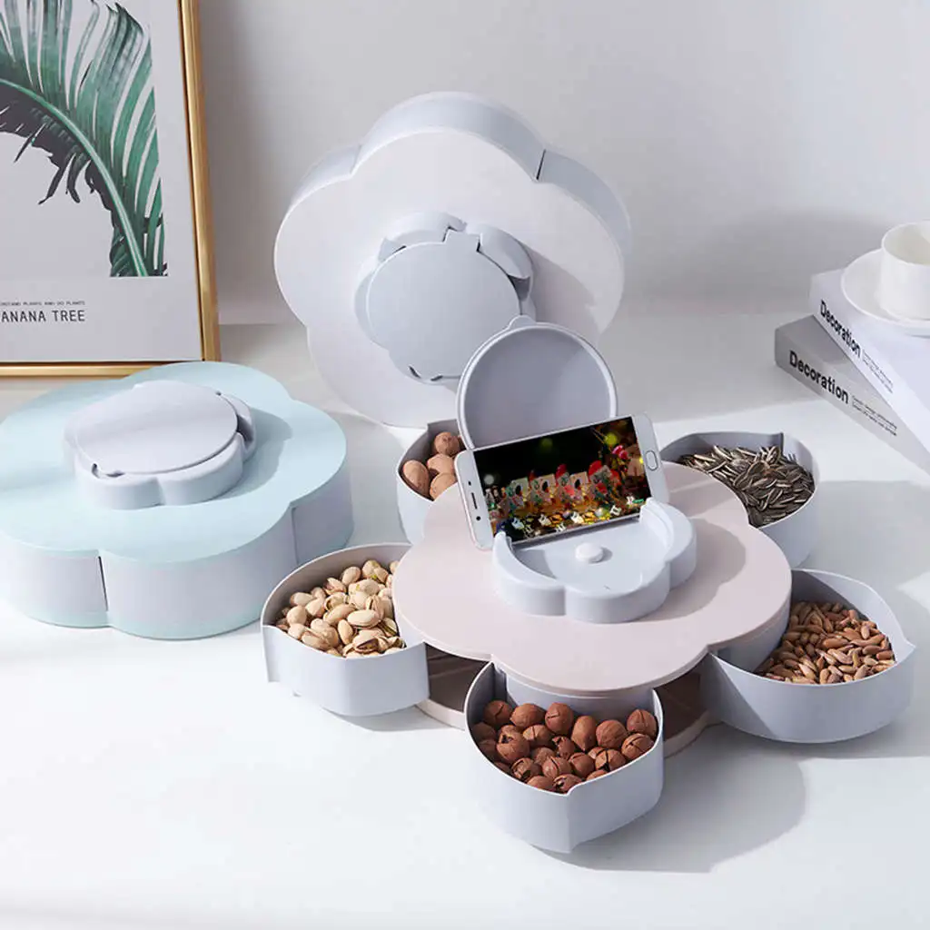 

2019 Rotary Type Melon Seed Nut Bowl Table Candy Snack Dry Fruit Holder Storage Box Plate Dish Tray With Phone Stent Pink 28*7cm