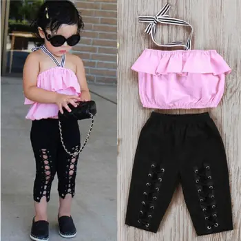 

2pcs Fashion Girls Clothing Set 2019 Summer Baby Girls Clothes Pink Top Ruffle+Cross Bandage Pant Children Clothing Dropshipping