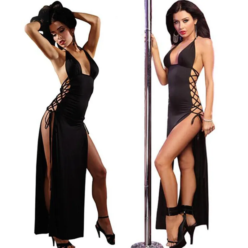 

2018 Women Sexy Lingerie Hot Pole Dance Halter Babydoll Long Dress Langerie Underwear Erotic Lenceria Sexy Cosplay Costumes