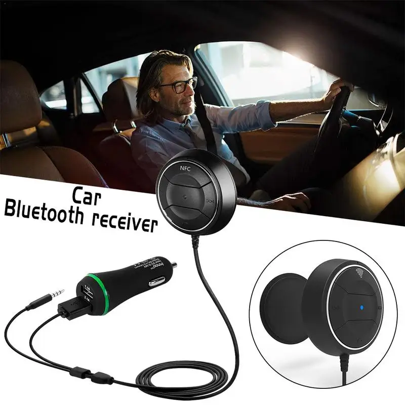 Bluetooth 4.0 Hands Free Car kit with NFC Function +3.5mm AUX Receiver Music Aux Speakerphone 2.1A USB Car Charger