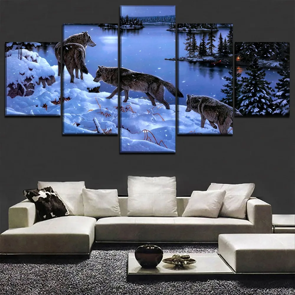 

In Winter Snow Lakeside Poster 5 Pieces Animal Wolf Painting Modern Home Decor Wall Art Modular Framework Picture For Bedroom