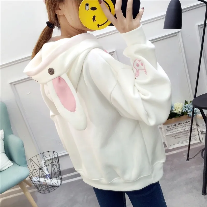 Kawaii الحلو آذان أرنب مقنعين البلوز المرأة المتناثرة هوديس فضفاض التطريز الكرتون رياضية البلوفرات Moletom زائد XXL Kawaii الحلو آذان أرنب مقنعين البلوز المرأة المتناثرة هوديس فضفاض التطريز الكرتون رياضية البلوفرات Moletom زائد XXL
